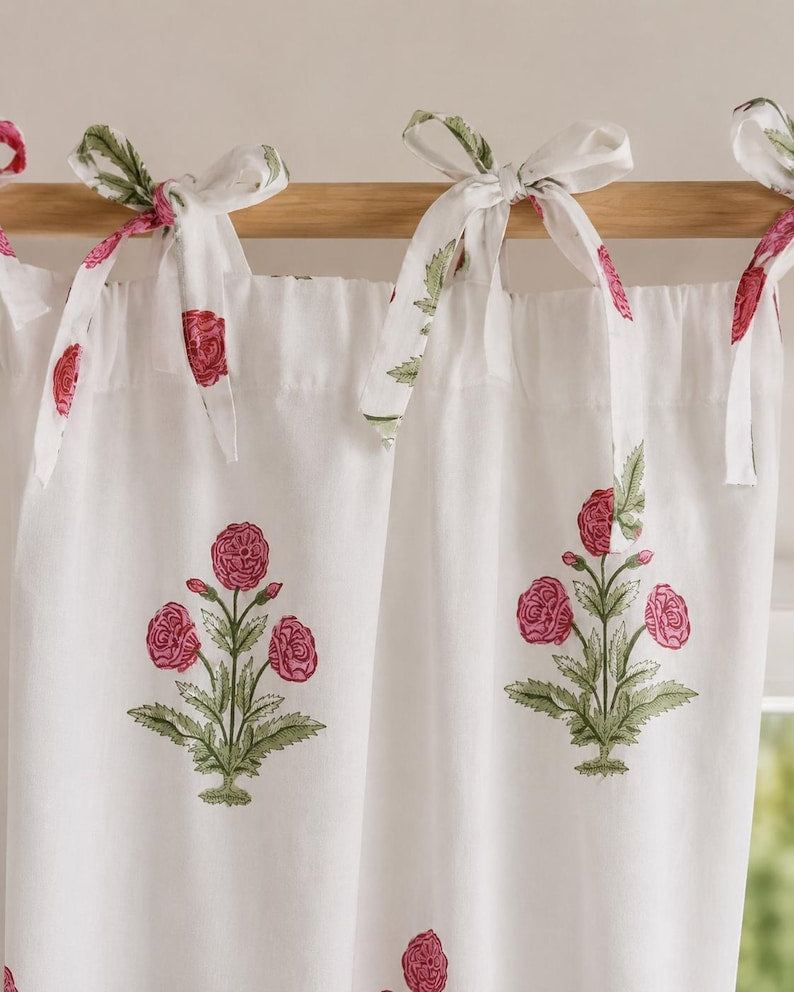 Pink Floral Cotton Curtain Panel - Hand Block Print White Drapes - Boho Farmhouse Window Treatment - 1 Panel