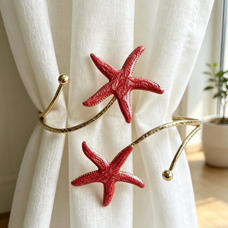 Enamel Starfish Curtain Tiebacks, Coastal Nautical Holdbacks, Beach House Decor