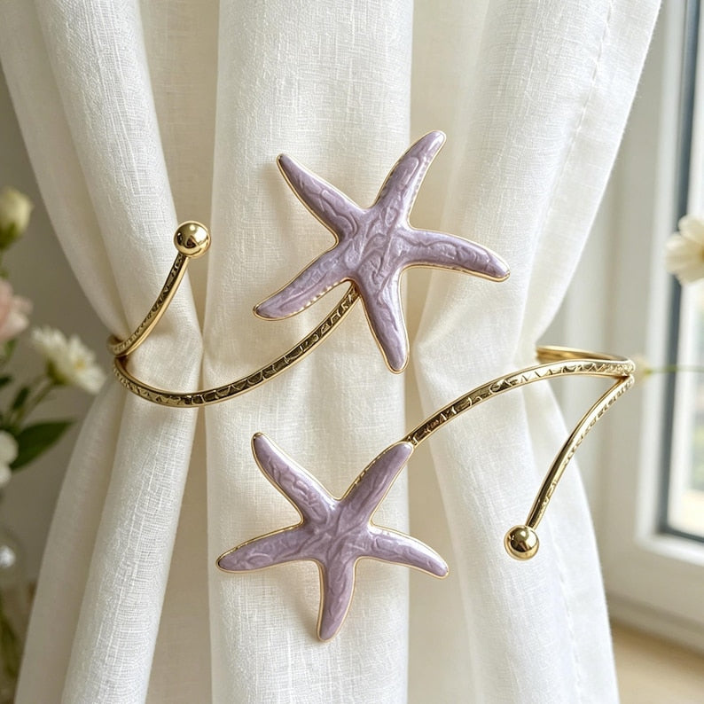 Enamel Starfish Curtain Tiebacks, Coastal Nautical Holdbacks, Beach House Decor