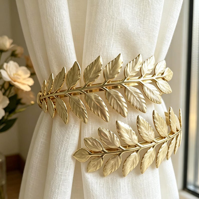 Gold Metal Laurel Leaf Curtain Tiebacks, Set of 2, 4.7in, Polished Enamel Finish