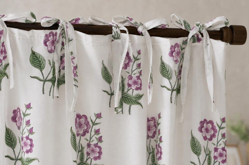Pink Floral Hand Block Printed Cotton Curtain Panel – Botanical Window Drape in Pink and Green