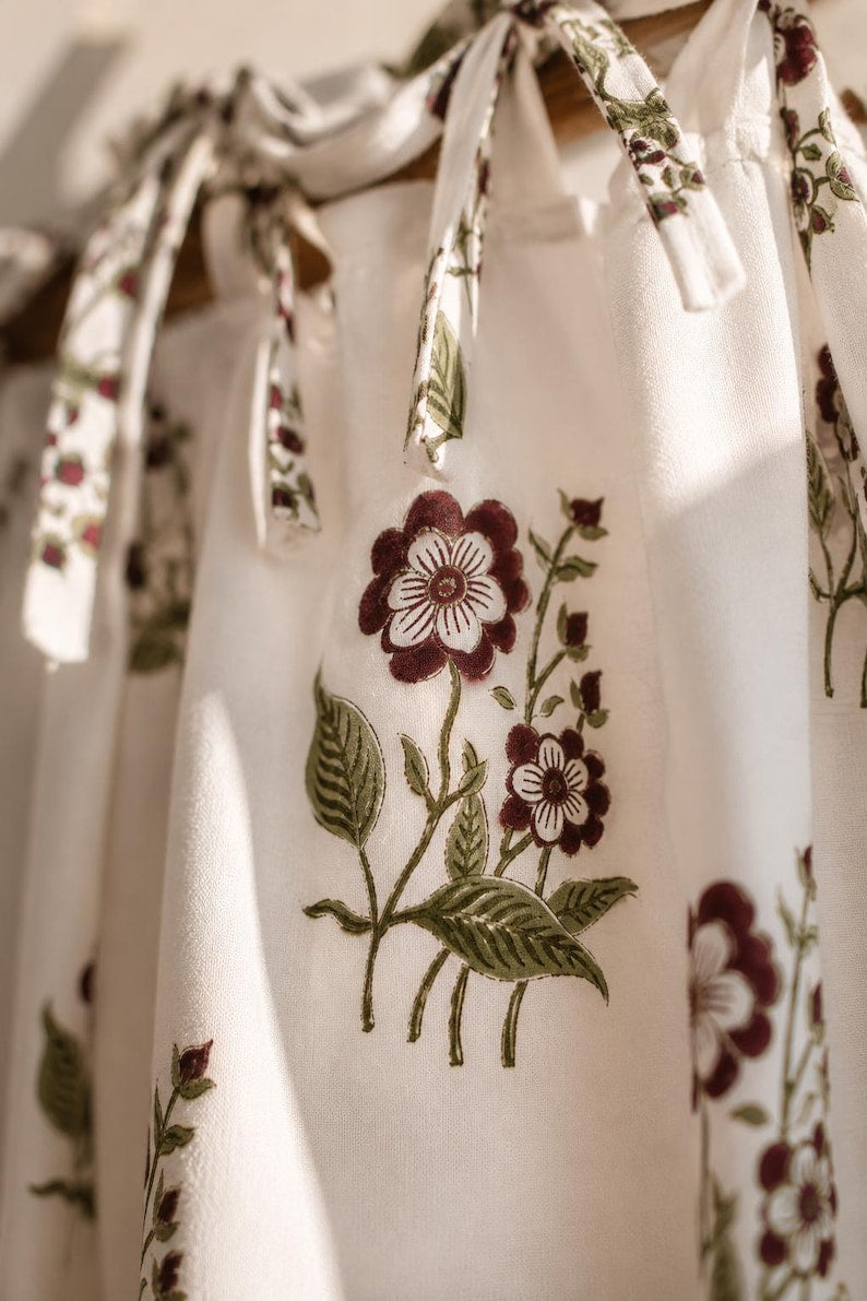 Beige Cotton Curtains with Hand-Carved Floral Block Prints in Maroon