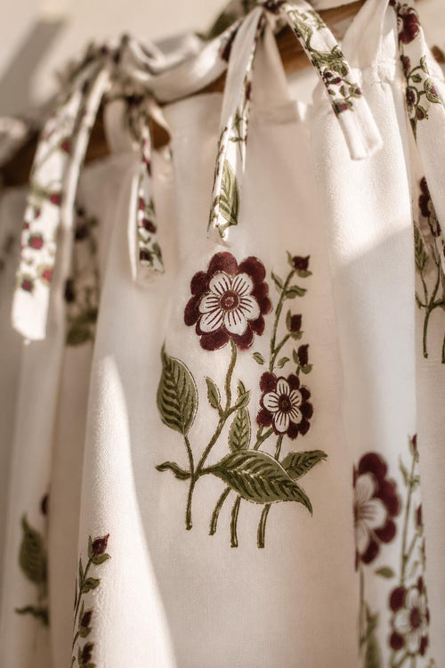 Beige Cotton Curtains with Hand-Carved Floral Block Prints in Maroon