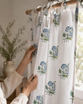 Hand Block Printed Cotton Curtain Panel, Blue White Floral Window Drape for Bedroom Living Room, 1 Panel