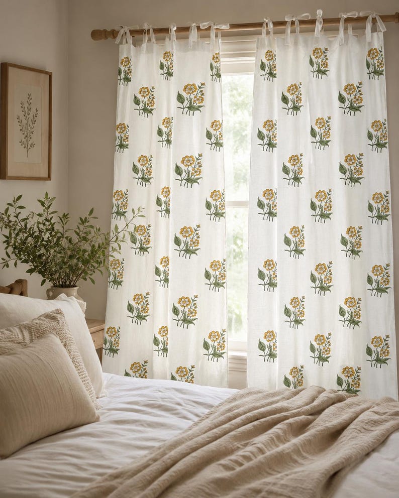 Yellow Floral Hand Block Print Cotton Curtain Panel, Tie Top, White, 1 Panel