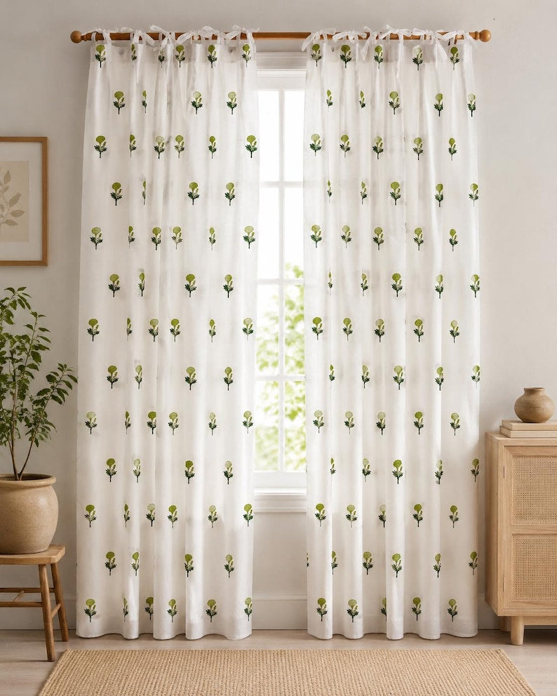 Green Floral Hand Block Print Cotton Curtain Panel – White Tab Top Tie Top Rod Pocket Drapes
