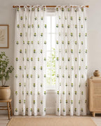 Green Floral Hand Block Print Cotton Curtain Panel – White Tab Top Tie Top Rod Pocket Drapes
