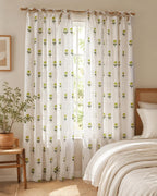 Green Floral Hand Block Print Cotton Curtain Panel – White Tab Top Tie Top Rod Pocket Drapes