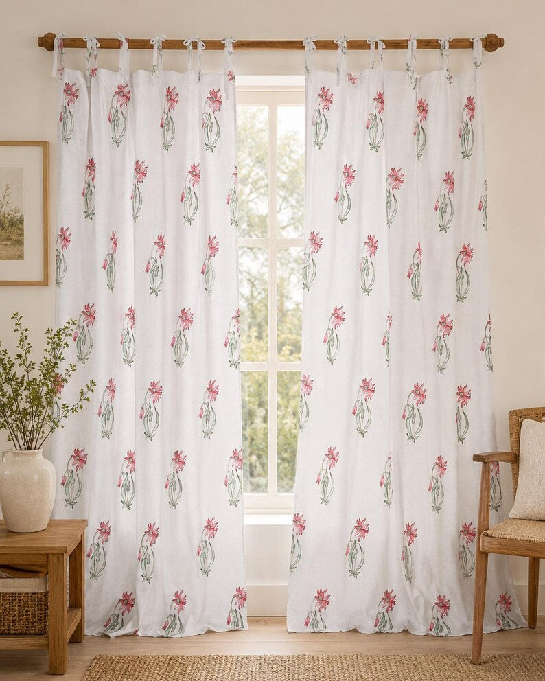 Hand Block Print Cotton Curtain Panel White Floral Tie Top Jaipur Drapes