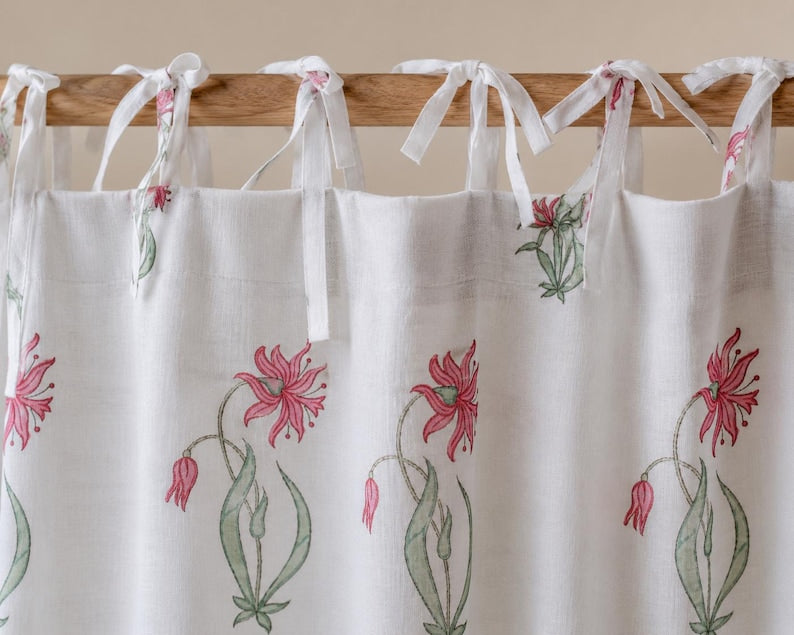 Hand Block Print Cotton Curtain Panel White Floral Tie Top Jaipur Drapes