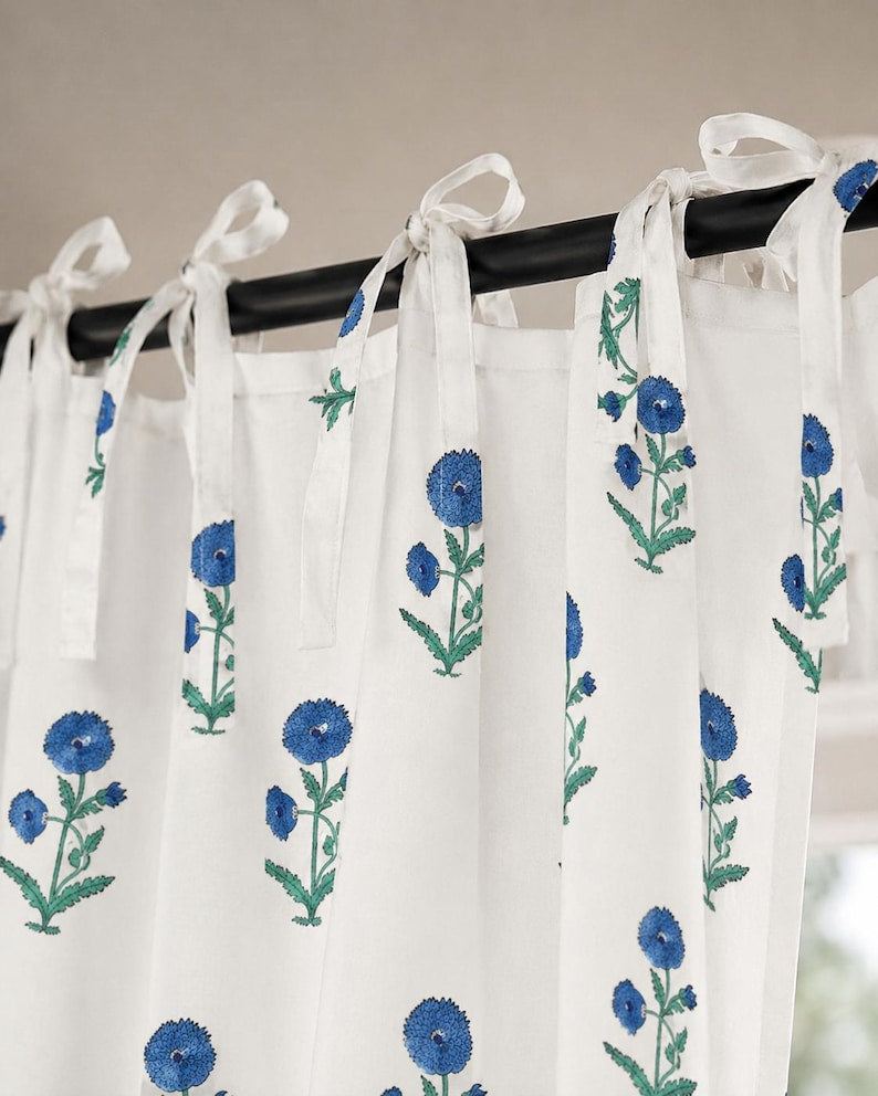 Blue Floral Hand Block Print Curtain Panel – 100% Cotton, White, Rod Pocket/Tab Top/Tie Top/Ruffled/Back Tab