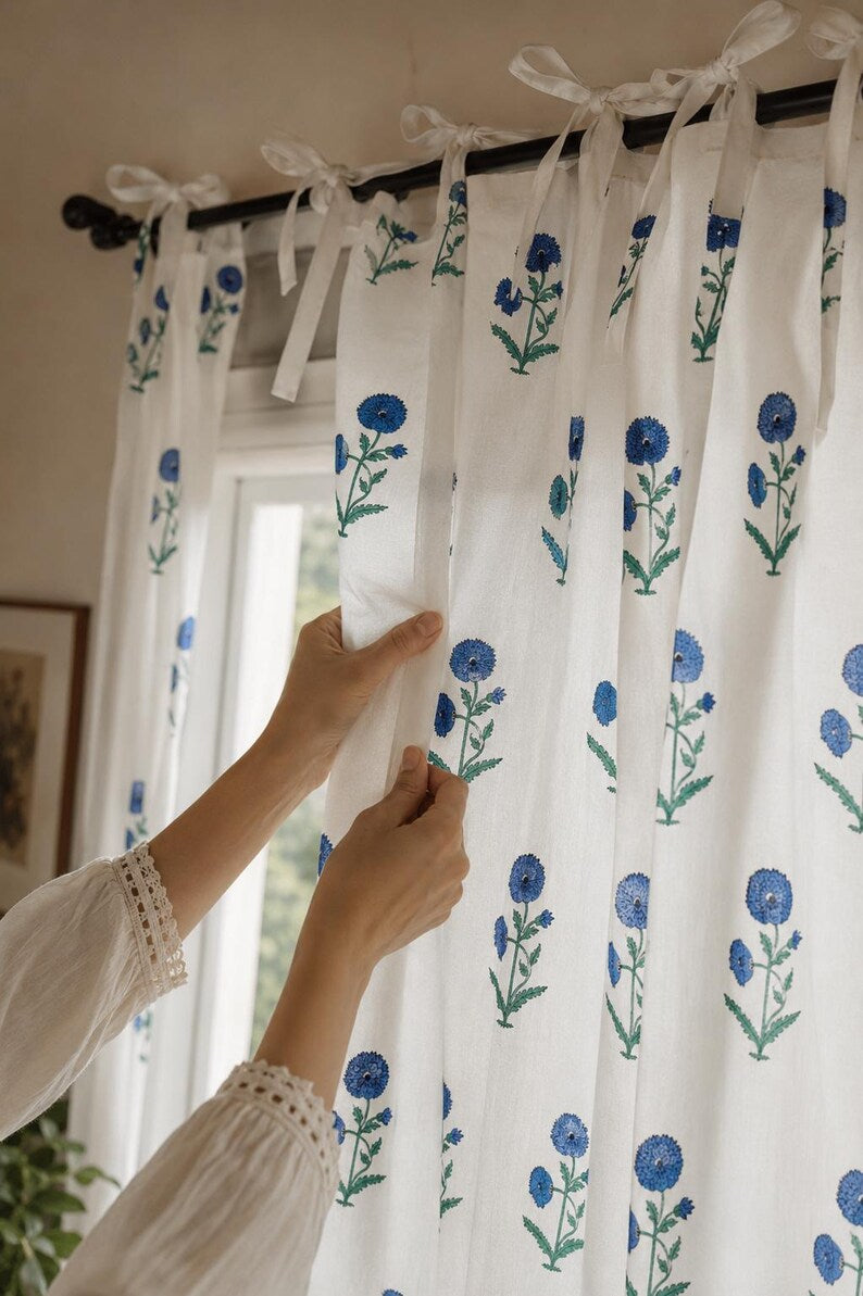 Blue Floral Hand Block Print Curtain Panel – 100% Cotton, White, Rod Pocket/Tab Top/Tie Top/Ruffled/Back Tab