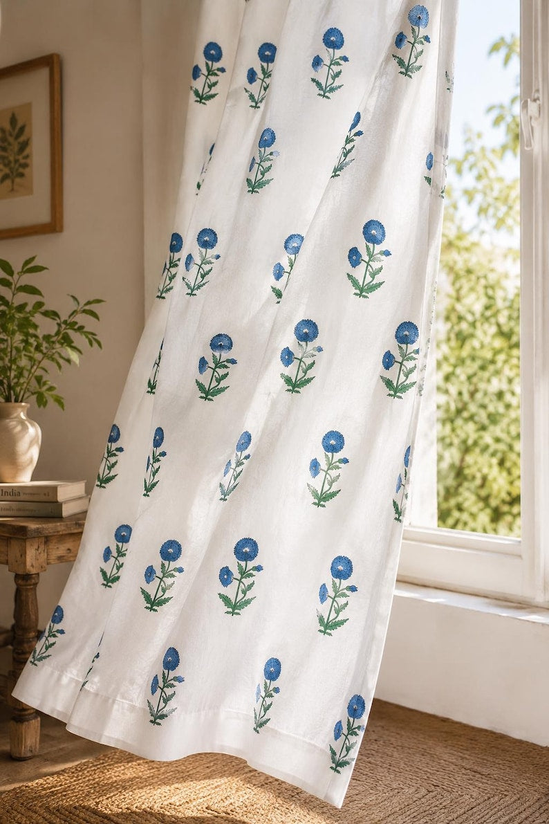Blue Floral Hand Block Print Curtain Panel – 100% Cotton, White, Rod Pocket/Tab Top/Tie Top/Ruffled/Back Tab