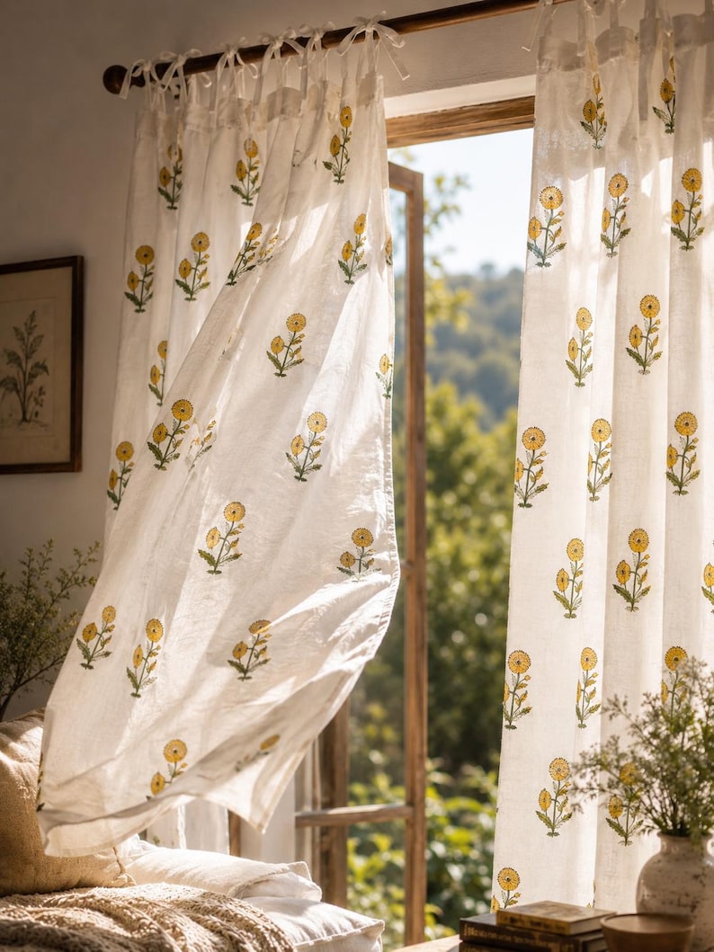 Yellow Mustard Floral Hand Block Print Cotton Curtain Panel - Boho Farmhouse Window Drape, Rod Pocket, Tab Top, Tie Top