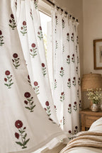 Maroon Floral Hand Block Print Cotton Curtain Panel, White Cotton Drape, Rod Pocket, Tie Top, Tab Top