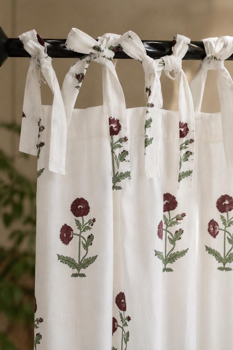 Maroon Floral Hand Block Print Cotton Curtain Panel, White Cotton Drape, Rod Pocket, Tie Top, Tab Top