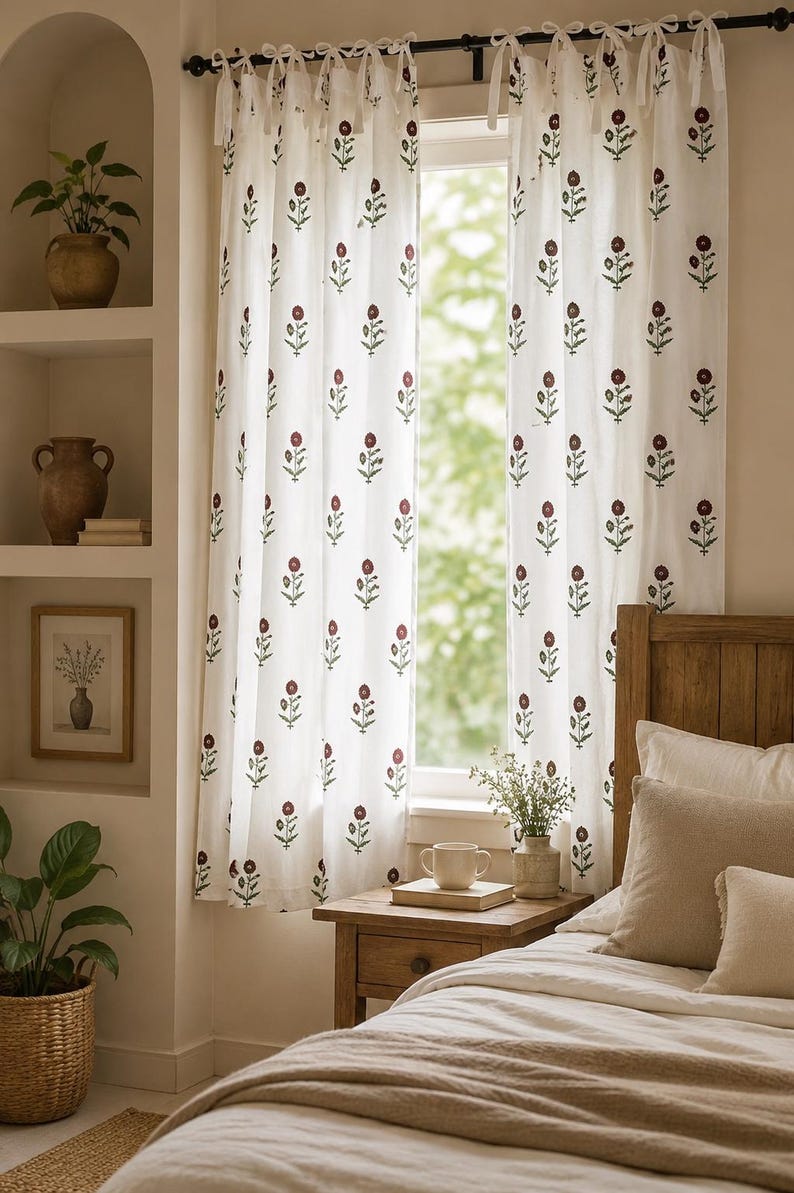 Maroon Floral Hand Block Print Cotton Curtain Panel, White Cotton Drape, Rod Pocket, Tie Top, Tab Top