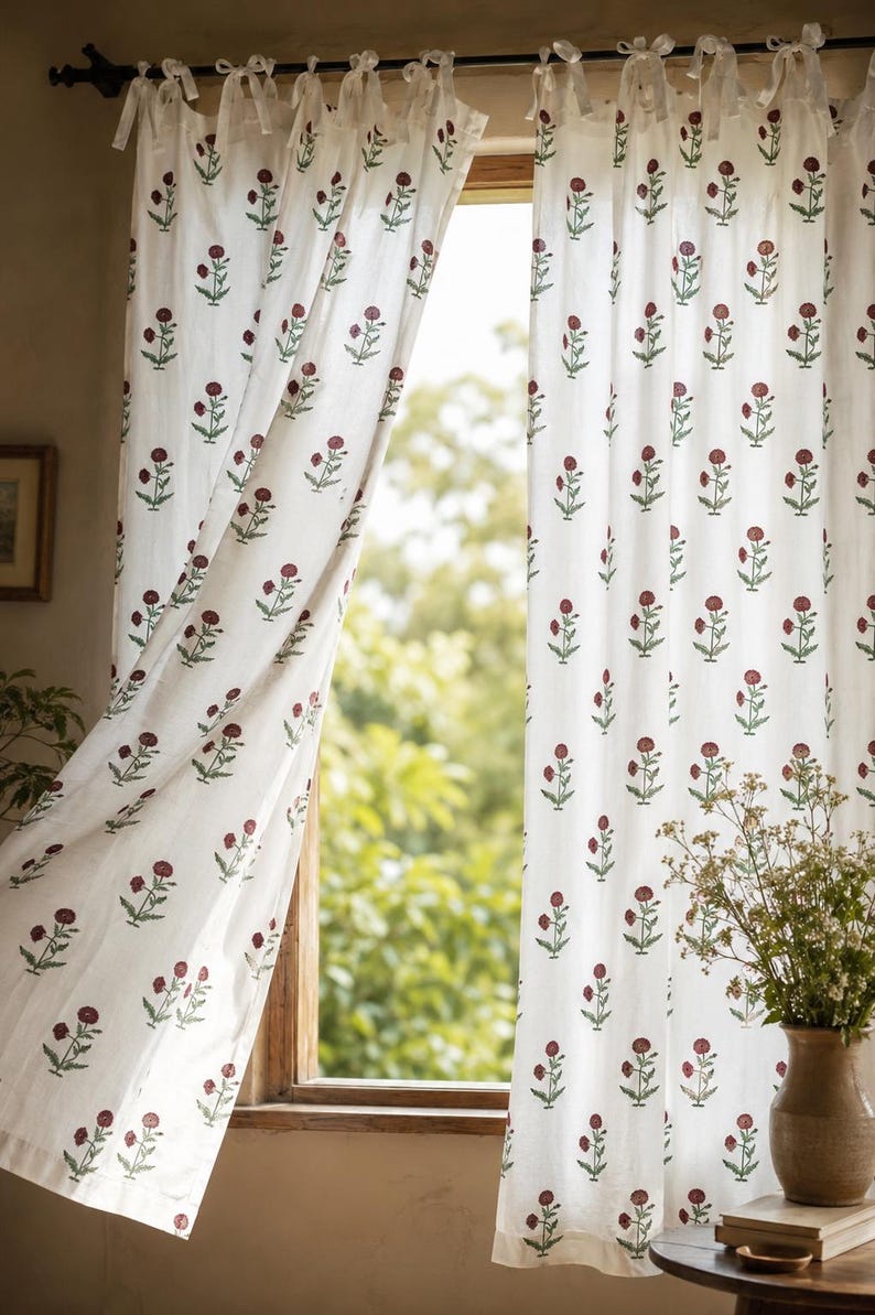 Maroon Floral Hand Block Print Cotton Curtain Panel, White Cotton Drape, Rod Pocket, Tie Top, Tab Top