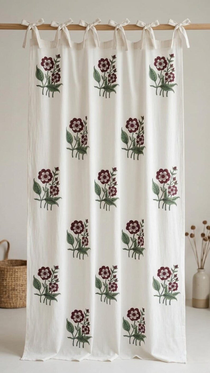 Beige Cotton Curtains with Hand-Carved Floral Block Prints in Maroon
