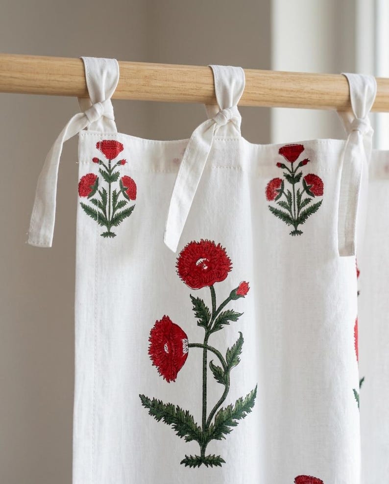 Red Hand Block Print Cotton Curtain Panel, Rustic Boho Drape, Rod Pocket or Tab Top, 1 Panel