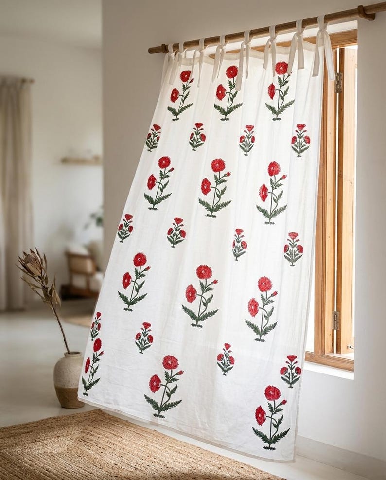 Red Hand Block Print Cotton Curtain Panel, Rustic Boho Drape, Rod Pocket or Tab Top, 1 Panel