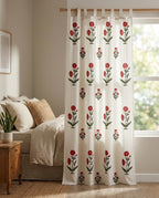 Red Hand Block Print Cotton Curtain Panel, Rustic Boho Drape, Rod Pocket or Tab Top, 1 Panel