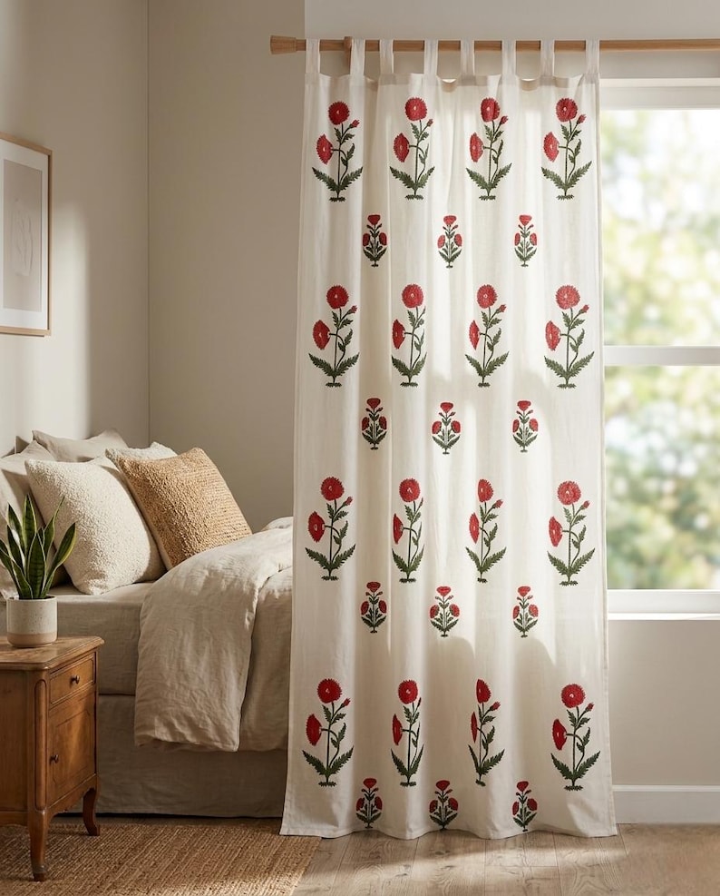 Red Hand Block Print Cotton Curtain Panel, Rustic Boho Drape, Rod Pocket or Tab Top, 1 Panel