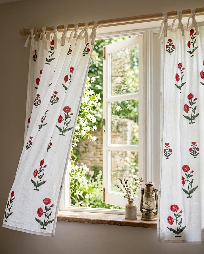 Red Hand Block Print Cotton Curtain Panel, Rustic Boho Drape, Rod Pocket or Tab Top, 1 Panel