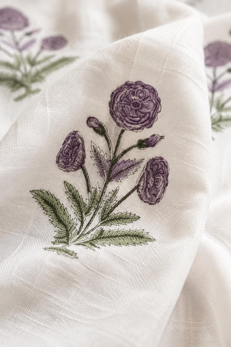 Purple Floral Block Print Cotton Curtain Panel, Lavender Botanical Drapery, 1 Single Panel, Soft White Base, Handmade