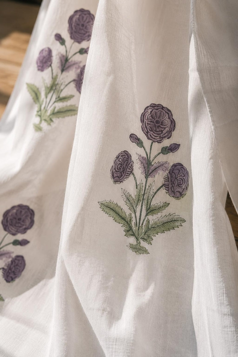 Purple Floral Block Print Cotton Curtain Panel, Lavender Botanical Drapery, 1 Single Panel, Soft White Base, Handmade