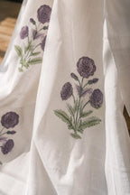 Purple Floral Block Print Cotton Curtain Panel, Lavender Botanical Drapery, 1 Single Panel, Soft White Base, Handmade
