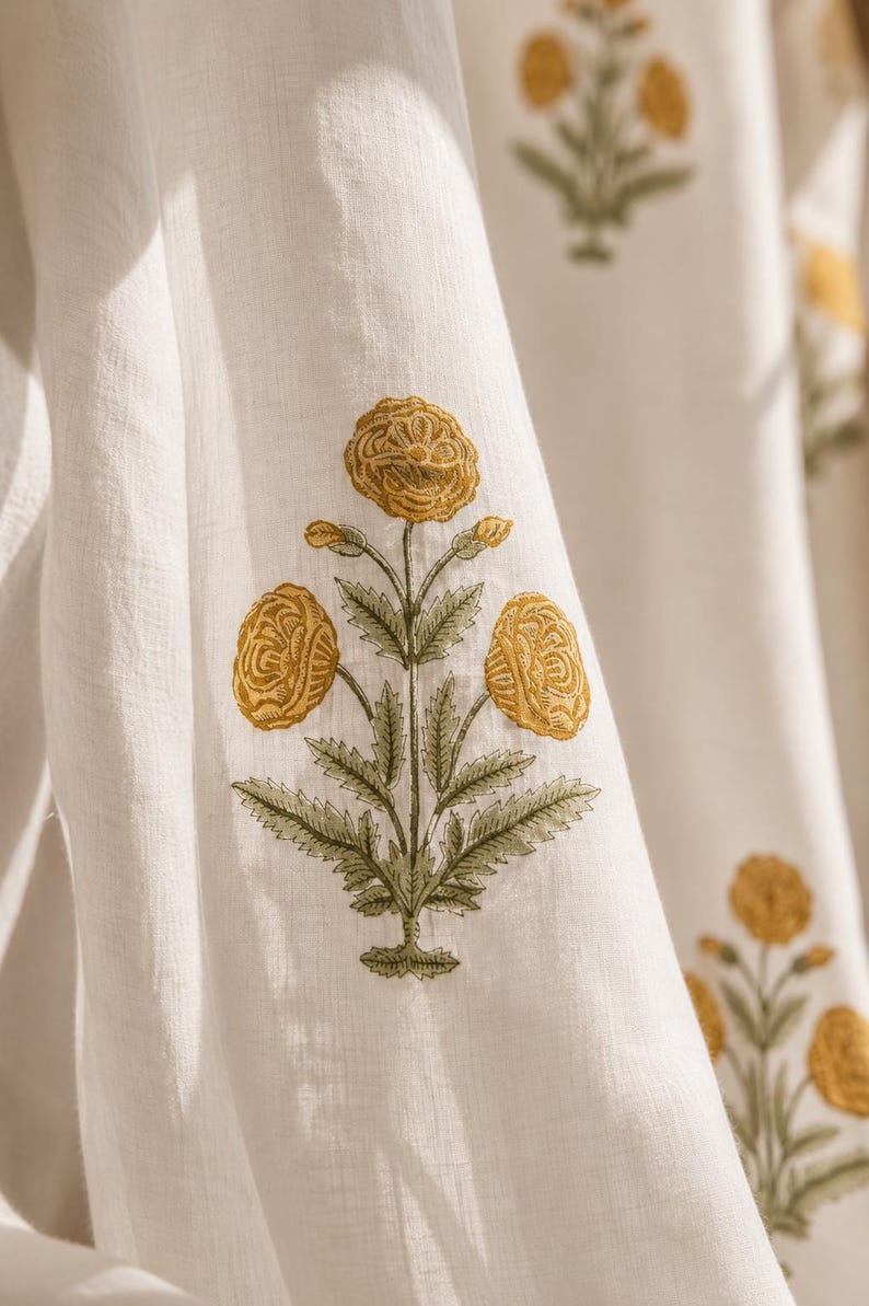 Yellow Floral Hand Block Print Cotton Curtain Panel, White Boho Window Drape