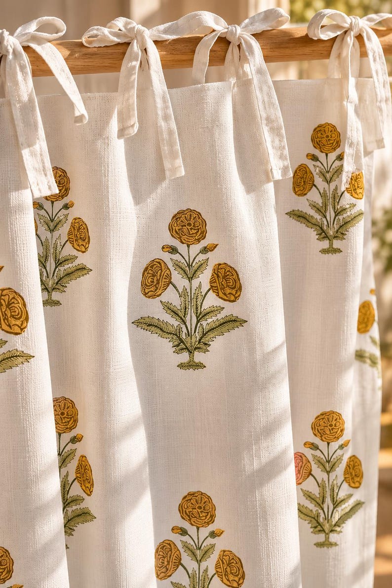 Yellow Floral Hand Block Print Cotton Curtain Panel, White Boho Window Drape