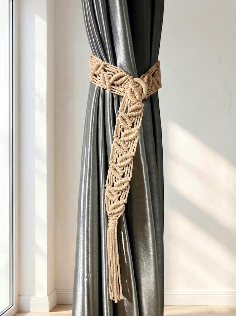 Handmade Macrame Curtain Tiebacks, Boho Leaf Curtain Holdbacks, Cotton Window Treatment, 32 Colors, Size M/L
