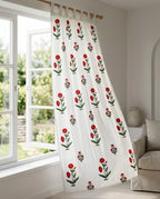 Red Hand Block Print Cotton Curtain Panel, Rustic Boho Drape, Rod Pocket or Tab Top, 1 Panel