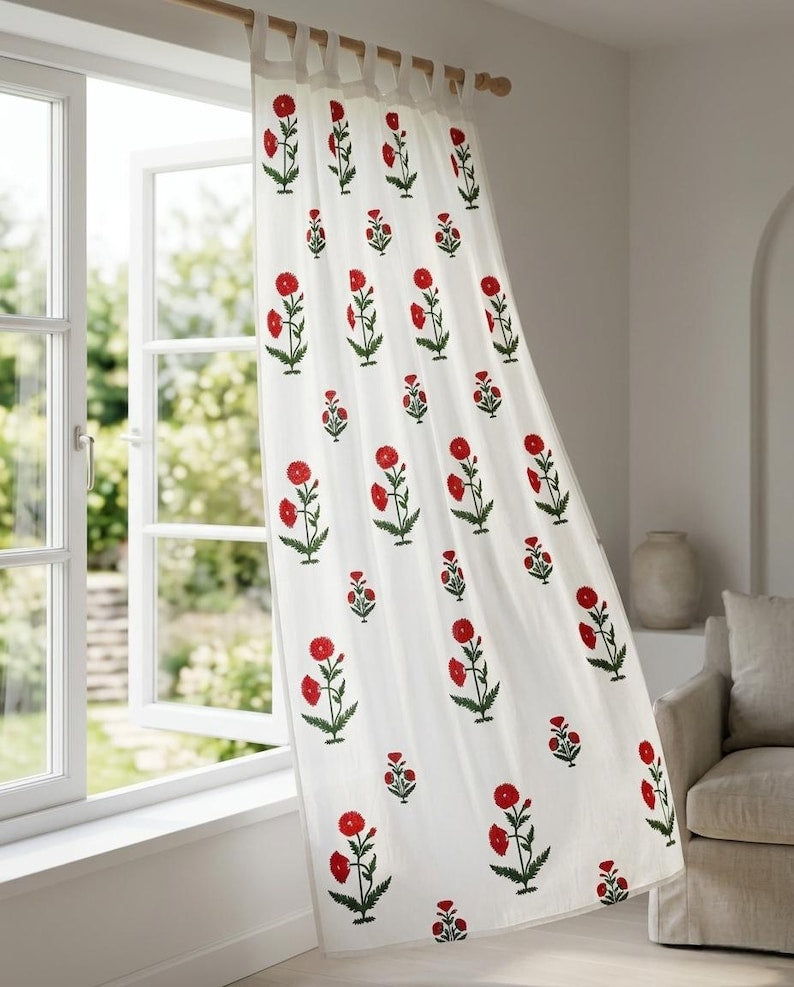 Red Hand Block Print Cotton Curtain Panel, Rustic Boho Drape, Rod Pocket or Tab Top, 1 Panel
