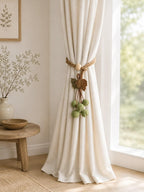 Sage Green Curtain Tieback Jute Rope with Wooden Bead Fabric Leaf Drapery Holdback Rustic Window Decor