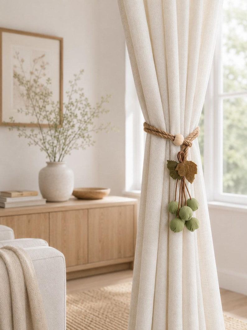 Sage Green Curtain Tieback Jute Rope with Wooden Bead Fabric Leaf Drapery Holdback Rustic Window Decor