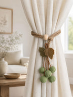 Sage Green Curtain Tieback Jute Rope with Wooden Bead Fabric Leaf Drapery Holdback Rustic Window Decor