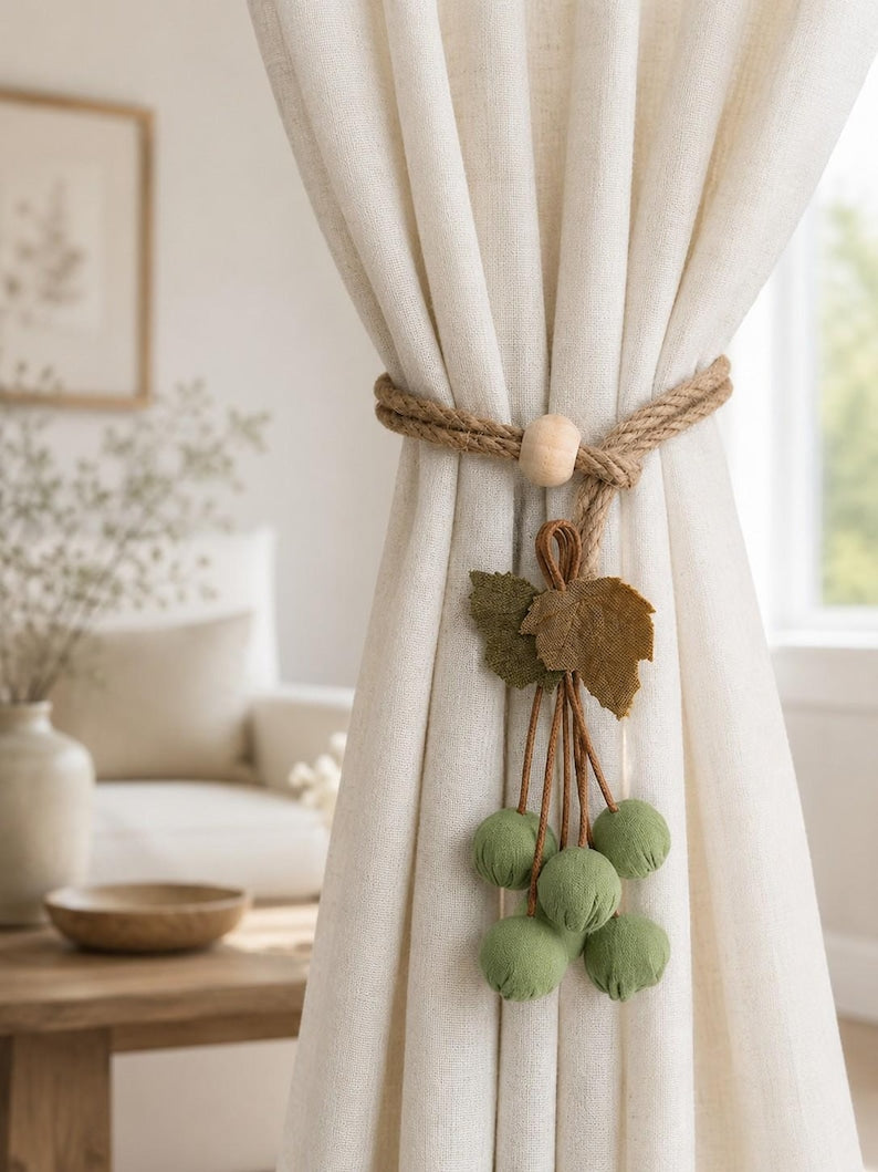 Sage Green Curtain Tieback Jute Rope with Wooden Bead Fabric Leaf Drapery Holdback Rustic Window Decor