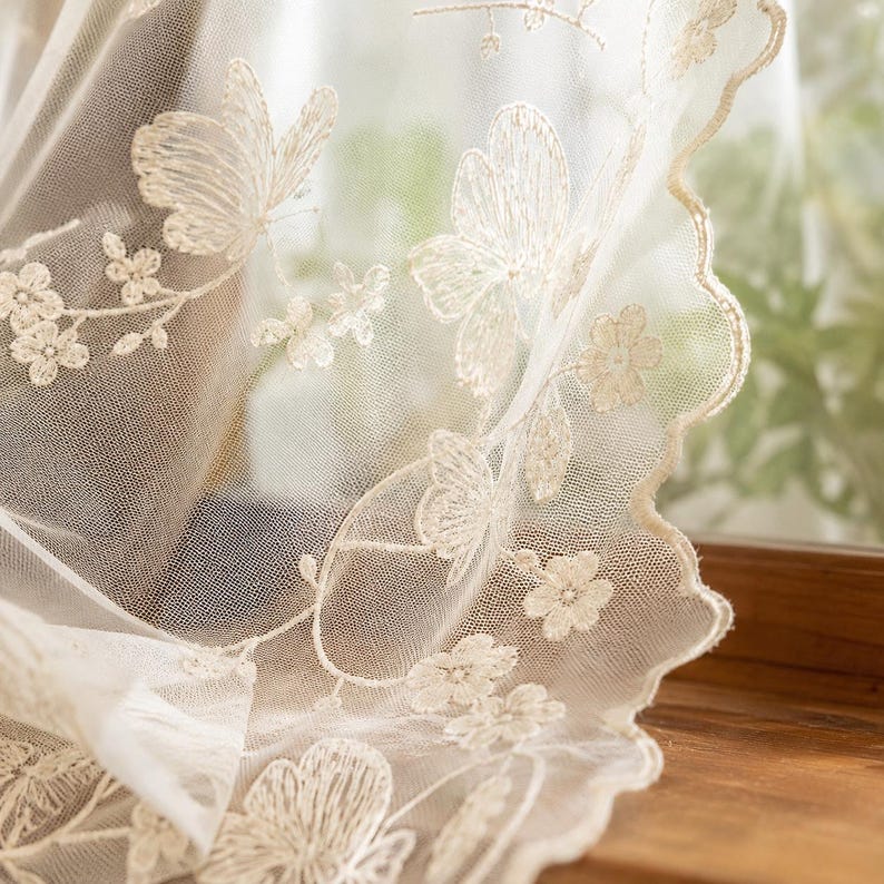Floral Embroidered Lace Sheer Curtain Panel, Rod Pocket, Beige or Black, 55.1 in Wide