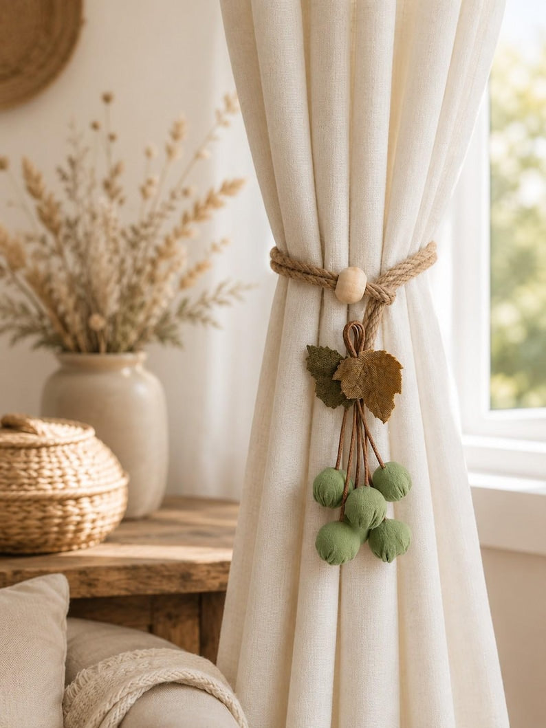 Sage Green Curtain Tieback Jute Rope with Wooden Bead Fabric Leaf Drapery Holdback Rustic Window Decor
