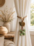 Sage Green Curtain Tieback Jute Rope with Wooden Bead Fabric Leaf Drapery Holdback Rustic Window Decor