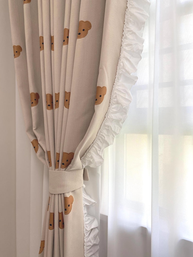 Teddy Bear Embroidery Ruffled Curtains – Beige Linen-Blend Curtains