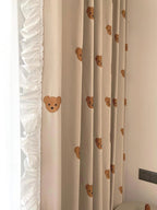 Teddy Bear Embroidery Ruffled Curtains – Beige Linen-Blend Curtains