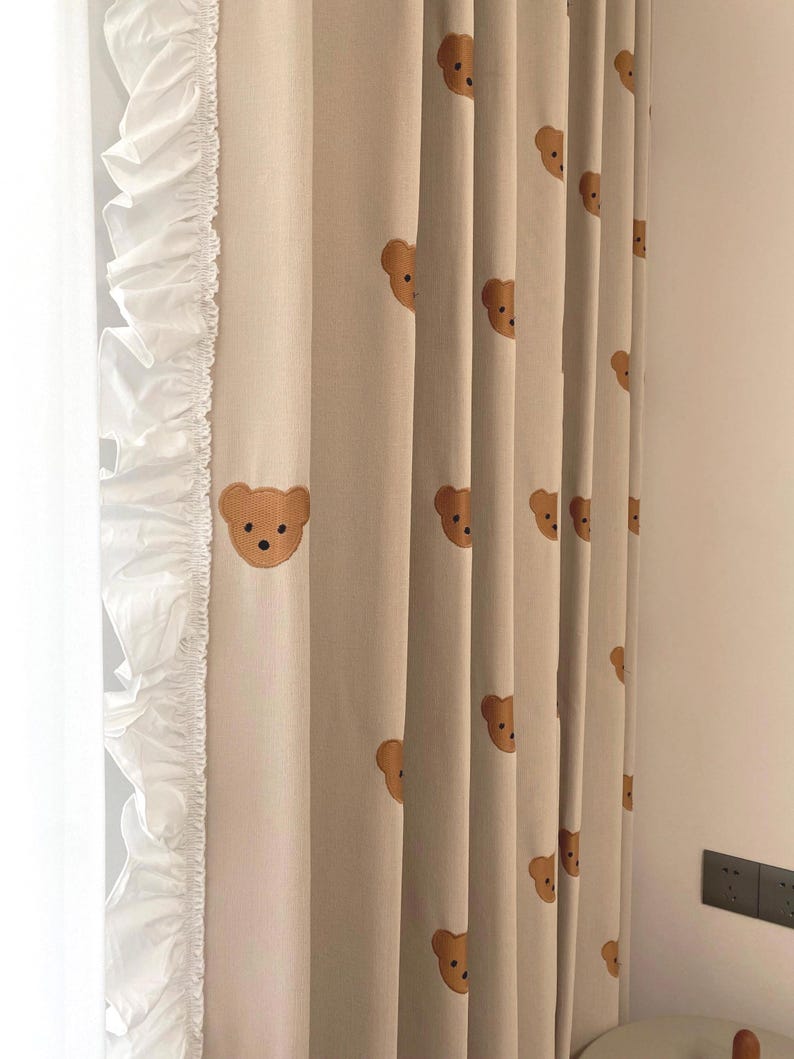 Teddy Bear Embroidery Ruffled Curtains – Beige Linen-Blend Curtains