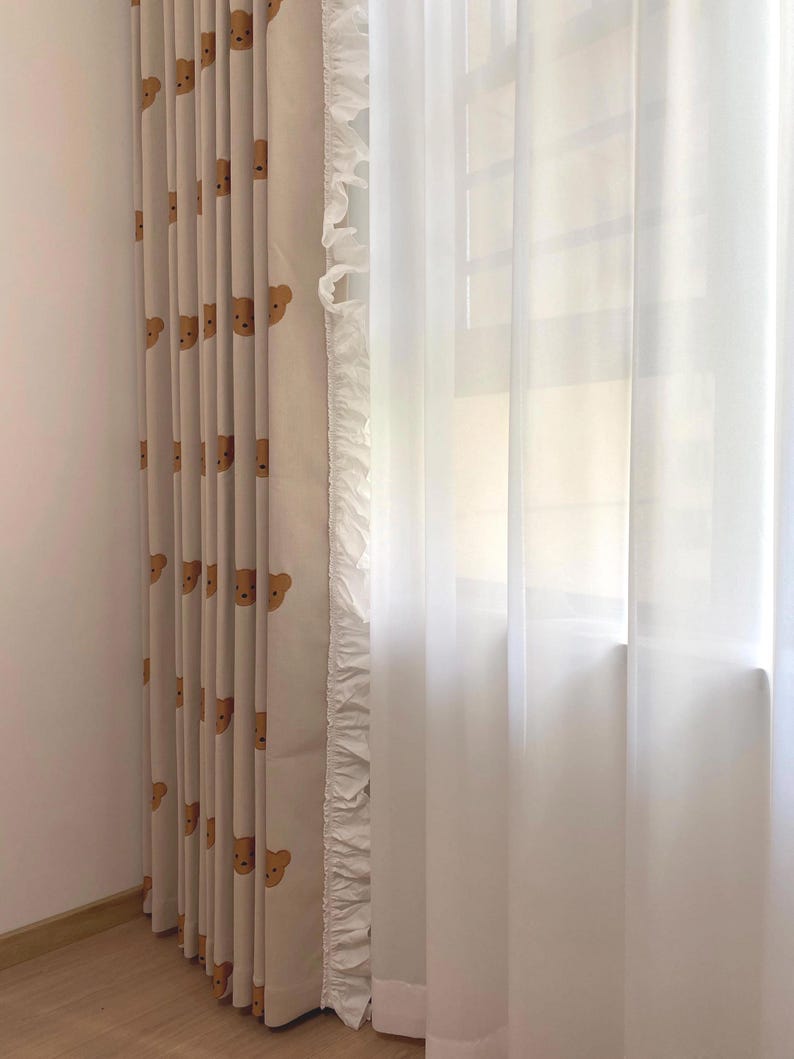 Teddy Bear Embroidery Ruffled Curtains – Beige Linen-Blend Curtains