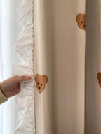 Teddy Bear Embroidery Ruffled Curtains – Beige Linen-Blend Curtains