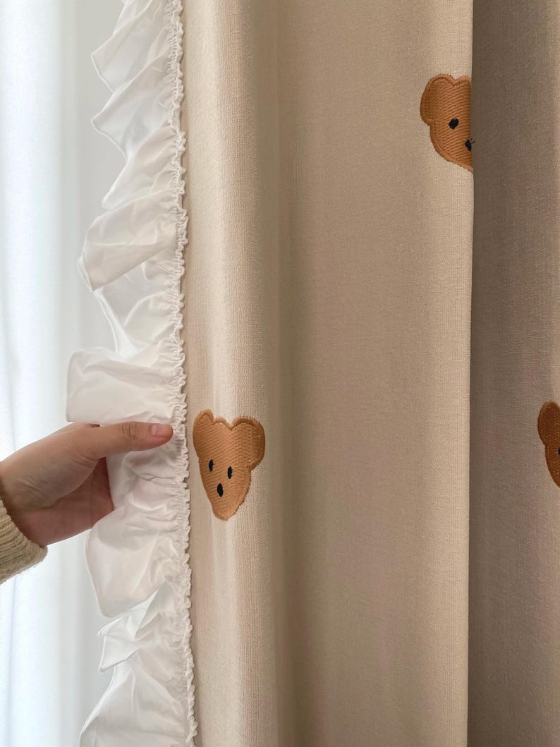 Teddy Bear Embroidery Ruffled Curtains – Beige Linen-Blend Curtains