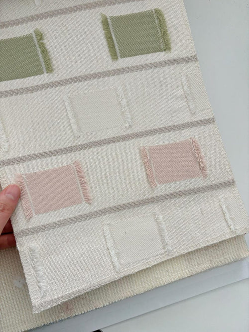 Geometric Embroidered Curtain Sage Green Pink Ivory Linen Blend Light Filtering Panel